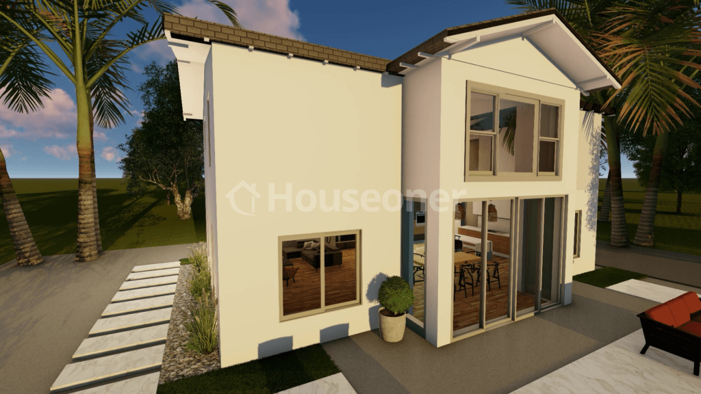 Houseoner Tarso casa modular prefabricada estilos de casas con mesa y jardin exterior